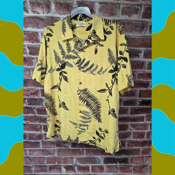 Caribbean Hawaiian Shirt L | Vintage Silk Blend Tropical Button Down Yellow - Picture 1 of 5